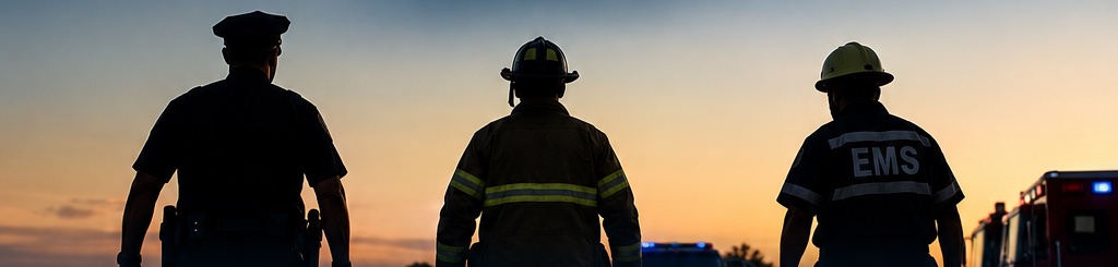 A police officer, a firefighter, and an EMT walking toward the sunset