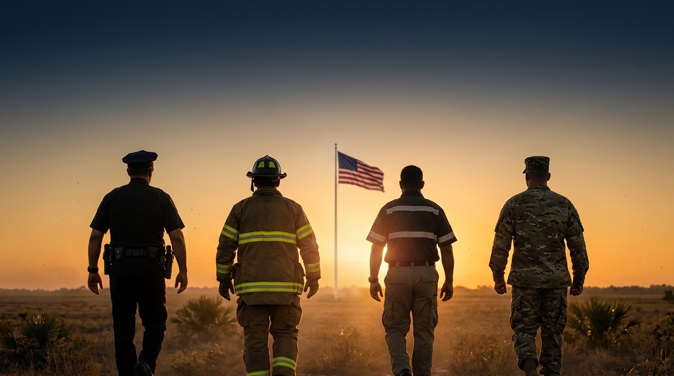 A police officer, a firefighter, an EMT, and a military veteran walking toward a flag at sunset